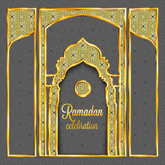 Ramadan Kareem greeting card with traditional islamic pattern, invitation or brochure in eastern style.Arabic circle and stars golden pattern.Gold ornament with shiny frames and mosque stylized doors.