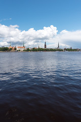 Obraz premium Riga city skyline across river Daugava, Latvia.