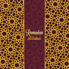 Ramadan Kareem greeting card with traditional islamic pattern, invitation or brochure in eastern style.Arabic stars golden pattern.Gold shiny ornament with 3D effect and volume