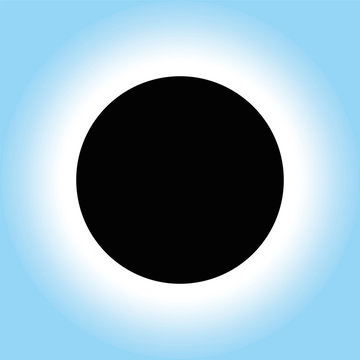 Solar eclipse icon - symbolic vector illustration of a black circle on a white to blue gradient radial background - occurs when the moon passes between sun and earth and blocks the sun.