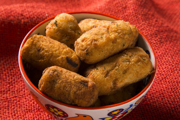 Cod fritters, traditional Spanish tapas Bunuelos de Bacalao
