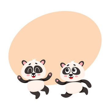 Two cute and funny baby panda characters running, hurrying, jumping happily, cartoon vector illustration with space for text. Couple of cute little panda bear characters, mascots running