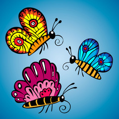 the set of three multicolored butterflies on a blue background