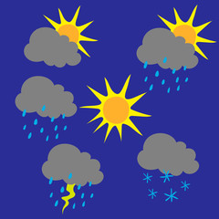 Set of different simple weather illustrations on blue background