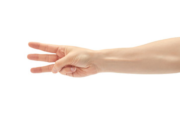 Beautiful female hand count three gesture. Isolated on white background