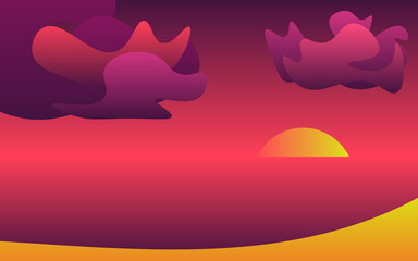 Alien sea sunset vector background with clouds, in purple and pink colors