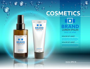 Body serum and cream cosmetic ads template. Hydrating facial or body lotions. Mockup 3D Realistic illustration. Sparkling water drops over blue background
