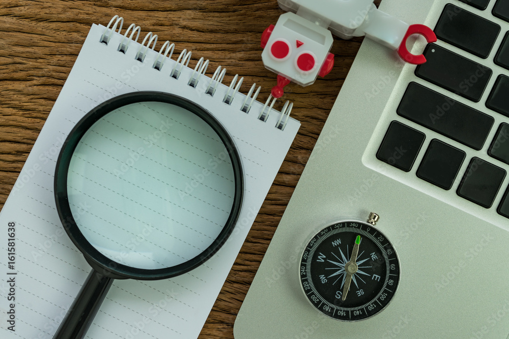Poster seo search engine optimization concept with compass, computer, robot and magnifying glass on white n