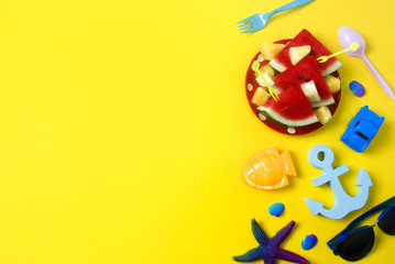 colorful summer toy object top view flat lay