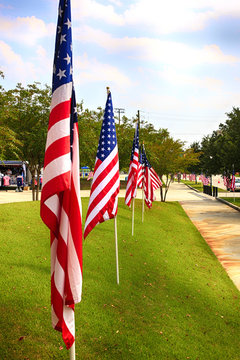 American flags line the streets around the Citadel in Charleston SC