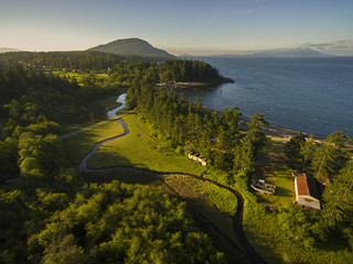 Aerial View of Lummi Island, Washington. Legoe Bay and the island slough as seen in the early...