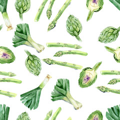 Seamless pattern of watercolor drawings of artichokes, asparagus, leeks.