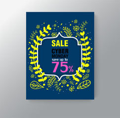 Spring sale poster template with leaves and frame on blue background vector illustration