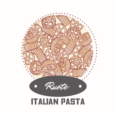 Sticker with hand drawn pasta rotelle or ruote isolated on white. Template for food package design