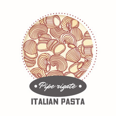 Sticker with hand drawn pasta pipe rigate isolated on white. Template for food package design