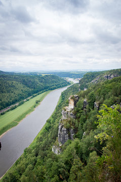 Panorama view from rocks Bastei to river Elbe and Rathen, Saxon Switzerland, Germany © Claudia Prommegger