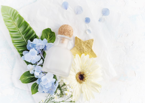 Dreamy flat lay background with summer flowers