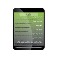 seven verses of chapter one Al Fatihah (the Opener) in the Quran (Islamic Holy Book) written on the tablet phone cell. vector illustration
