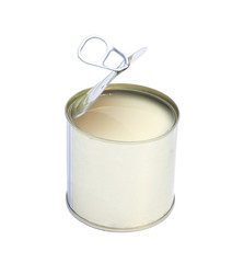 Condensed milk in tin can isolated on white background