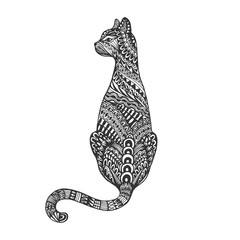 Naklejka premium Isolated hand drawn black outline monochrome abstract ornate back of cat on white background. Ornament of curve lines.