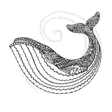 Isolated hand drawn black outline monochrome abstract ornate whale on white background. Ornament of curve lines. Page of coloring book.