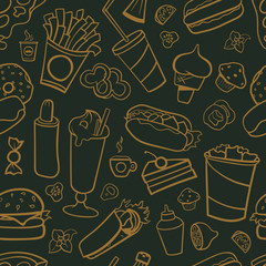 Fast food drawings seamless pattern. Line arts with dark background