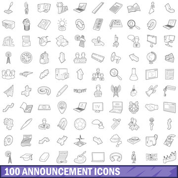 100 announcement icons set, outline style