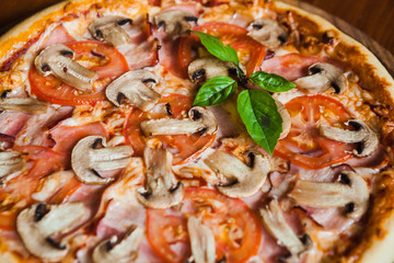 Delicious pizza with meat, cheese and mushrooms