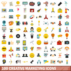 100 creative marketing icons set, flat style