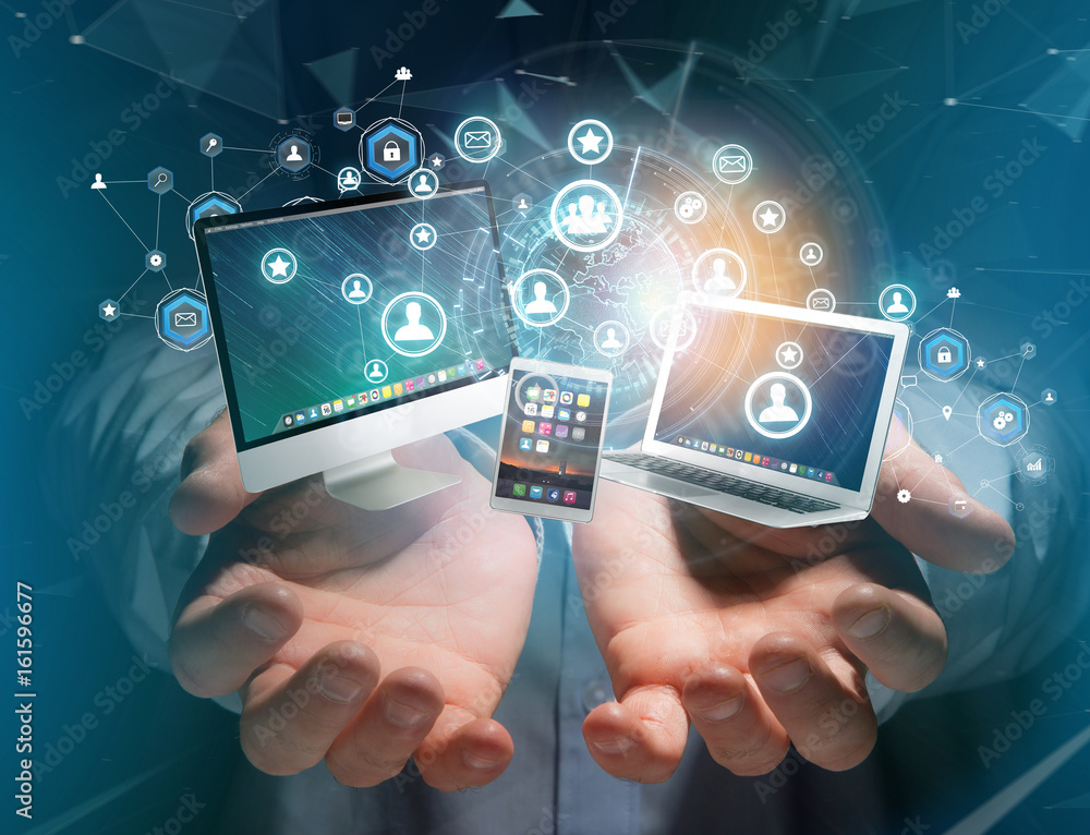 Poster Computer and devices displayed on a futuristic interface with business network - Multimedia and technology concept