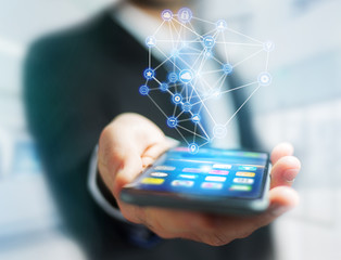 Business network connection displayed on a futuristic interface with technology icon - Worldwide business concept