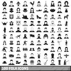 100 folk icons set, simple style 
