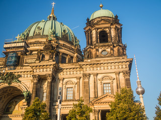 Beautiful part of Berlin cathedral, Berliner Dom in Germany with tv tower in the background