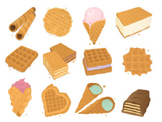Different wafer cookies waffle cakes pastry cookie biscuit delicious snack cream dessert crispy bakery food vector illustration