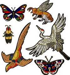 Fototapeta premium Bee, butterfly, beetle, crane bird stickers embroidery textile design