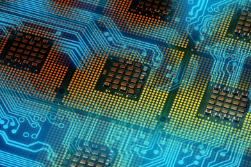 computer processors and blue electronic circuit with lighting effects postproduction, background.