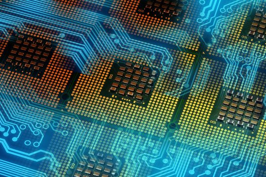 computer processors and blue electronic circuit with lighting effects postproduction, background.