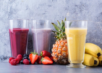 Berry, multifruit and banana milkshakes