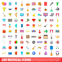 100 musical icons set, cartoon style