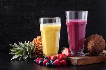 Berry, multifruit and banana milkshakes