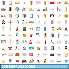 100 supplies icons set, cartoon style