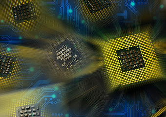 computer processors and blue electronic circuit with lighting effects postproduction, background.