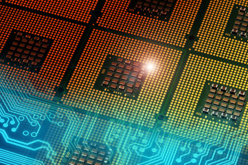 computer processors and blue electronic circuit with lighting effects postproduction, background.