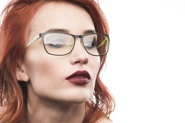 Fototapeta premium Eyewear glasses woman portrait isolated on white. Spectacle frame type 2