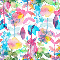 Materiał do szycia Happy and bright floral seamless pattern with hand drawn watercolor flowers and leaves