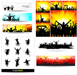 backgrounds and icons of cheering and singing people