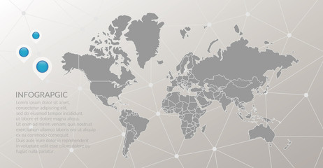 Vector world map infographic symbol. Map pointer icons, abstract polygonal connection background with global illustration sign. Template elements for business, marketing project, web design, logo