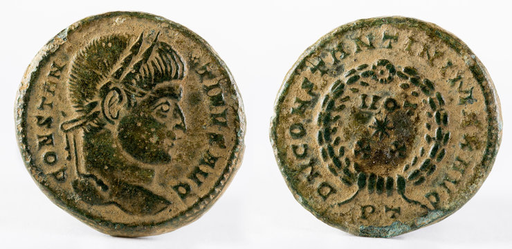 Ancient Roman copper coin of Emperor Constantinus I Magnus.