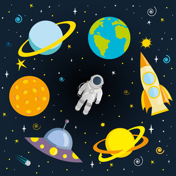 Astronaut, planets and space ships in space