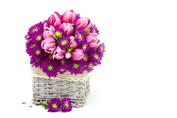 Bouquet made of tulips and chrysanthemum flowers